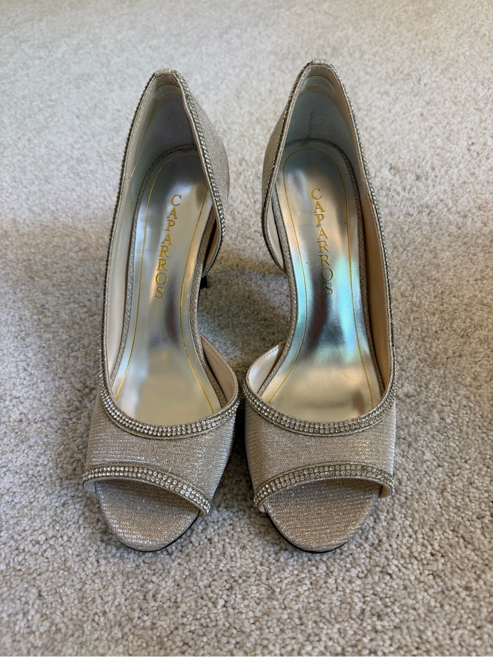 Caparros Glitter Open-Toe Crystal Trim Heels